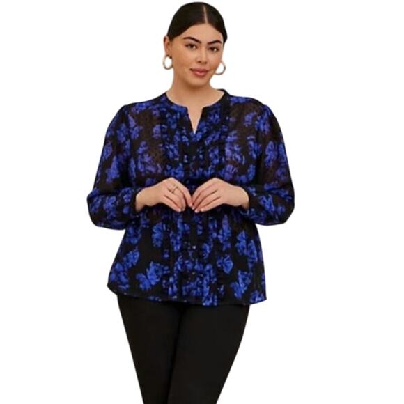 Torrid Chiffon Clip Dot Ruffle Front Top Floral Blue Plus Size 2 Romantic Gothic - Picture 1 of 6